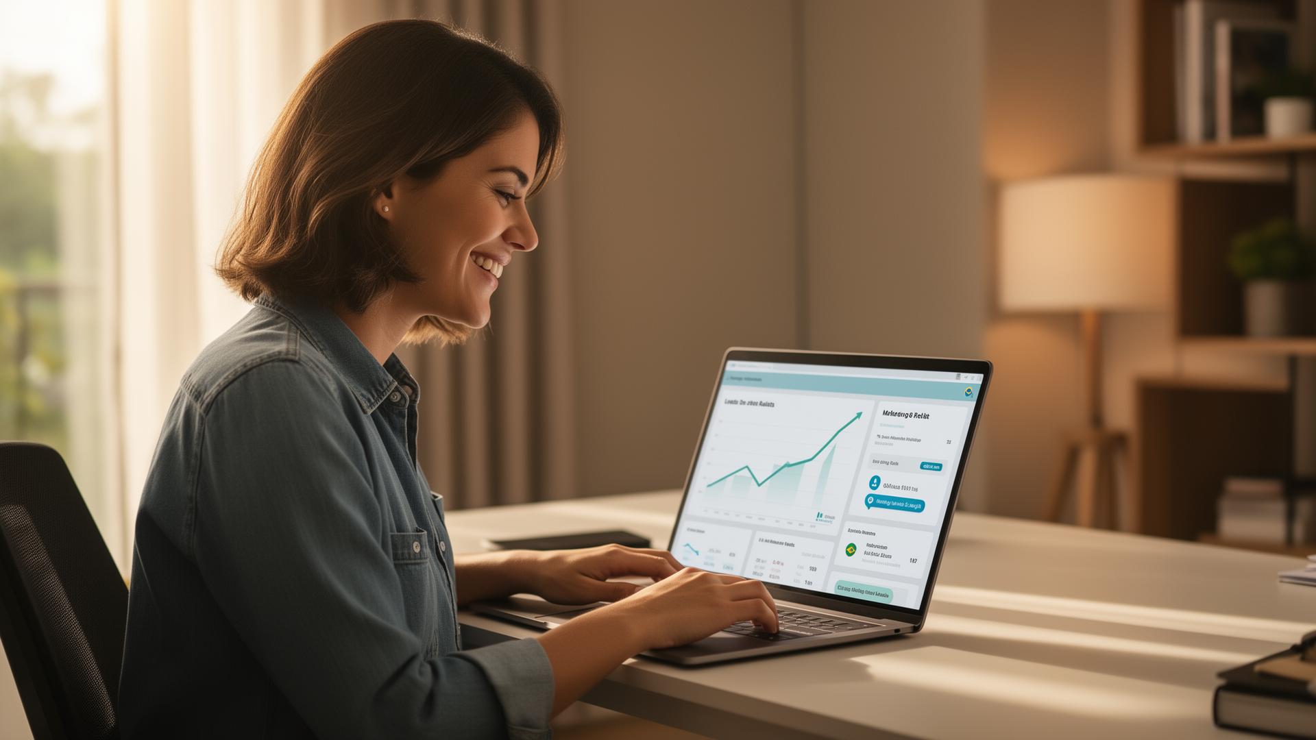 Corretora sorrindo satisfeita com os resultados de marketing no laptop